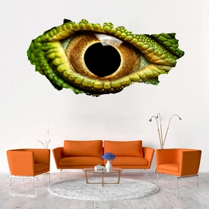 Detailed 3D wall sticker showing realistic green reptile eye in modern living room decor