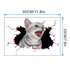 Detailed size chart showing 30x20cm dimensions for 3D grey striped cat wall sticker