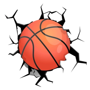 Detail of 3D basketball wall sticker showing orange ball with black wall crack effect