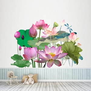 Dettaglio di adesivi murali fiori di loto rosa con foglie verdi e libellula decor