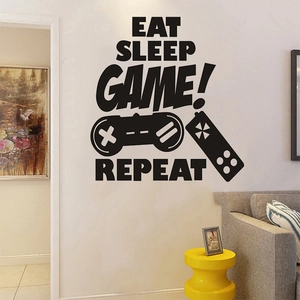Eat Sleep Game Repeat vinyl wall sticker with controller icons for game room decor