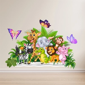 Détails de stickers muraux animaux de la jungle avec girafe et éléphant sur mur blanc