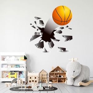 3D basketball wall sticker breaking through wall for kids bedroom and sports room decor