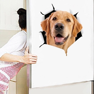 3D Golden Retriever creative wall sticker and fridge decal with realistic broken paper effect