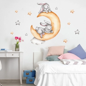 Watercolor Cartoon Rabbits On Moon Wall Sticker Clouds Stars Nursery Kids Room Wall Decal PVC Waterproof DIY Home Decor