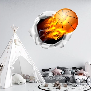 Dettaglio dell'adesivo murale basket 3D infuocato in una moderna cameretta per bambini