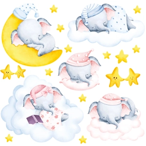 Watercolor baby elephant wall stickers with stars and moon for nursery room decor