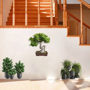 Potted pine tree wall decal as realistic bonsai decor for living room and hallway walls