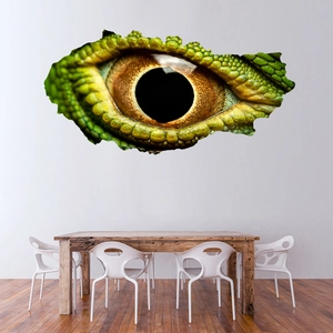 Detailed 3D broken wall decal featuring a realistic dinosaur eye and reptile scales