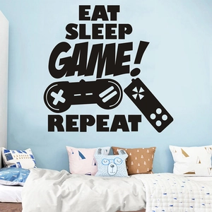 Eat Sleep Game vinyl wall decal with controller icons for bedroom and gaming room decor