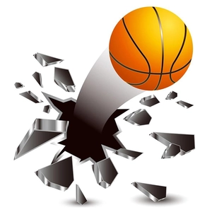 Detailed 3D broken wall basketball wall sticker with realistic orange ball and rock debris