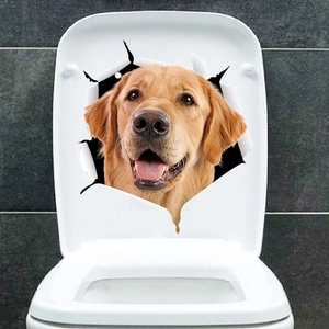 3D golden retriever wall sticker showing realistic dog jumping out of white toilet lid