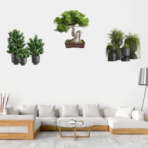 Detail of lifelike green potted pine tree and hanging plant wall stickers for home decor