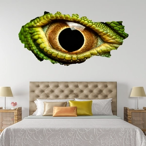 Close-up of 3D lizard eye wall sticker showing detailed green scales and amber iris texture