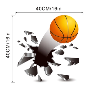 3D basketball crashing through wall sticker detail showing 40cm or 16in size dimensions