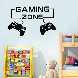 Detail of black Gaming Zone wall decal with controllers in a modern kid's bedroom