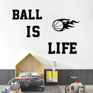 Ball Is Life vinyl wall decal with flaming basketball for living room decor