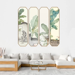 Modern ink wash banana leaf wall art set with octagonal wooden frames for living room