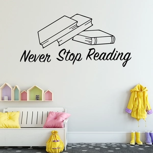 Minimalist vinyl wall sticker featuring stacked books and Never Stop Reading quote