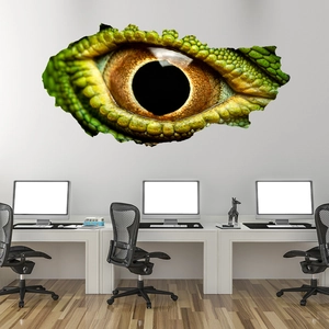 Realistic 3D broken wall lizard eye sticker with green scales for modern room decor