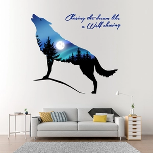 Starry wolf forest silhouette wall sticker with chasing the dream quote for room decor