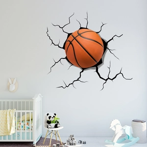 Macro view of 3D cracked wall basketball decal inside a stylish nursery room