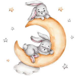 Watercolor bunny wall sticker featuring two rabbits on an orange crescent moon with stars