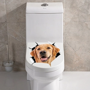 3D golden retriever wall sticker showing realistic dog peeking out of a hole on a toilet