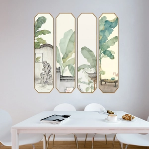 Octagonal wall art set with green banana leaves and ink wash landscape scenery
