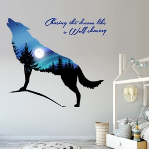 Detail of creative wolf silhouette wall decal featuring a forest moon and starry night
