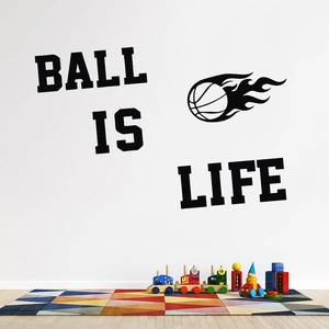 Ball Is Life vinyl wall sticker with flaming basketball design for kids' room decor