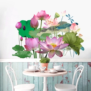 Adesivo murale loto dorato con fiori rosa e libellula per decorazione della camera