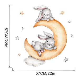 Detailed wall sticker layout with watercolor bunnies on a moon measuring 57cm by 57cm