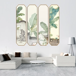 Vertical octagonal wall art set featuring green banana leaves and Zen ink painting