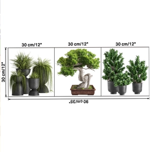 Macro view of potted pine wall stickers showing size dimensions and green plant details