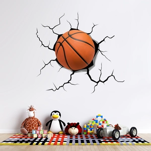 Macro detail of 3D basketball wall sticker with realistic broken wall crack effect design