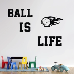 Detail showing Ball is Life vinyl wall decal with basketball design in a child's playroom