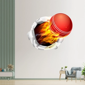 Adesivo murale 3D palla da cricket con effetto fuoco realistico e crepe per il soggiorno