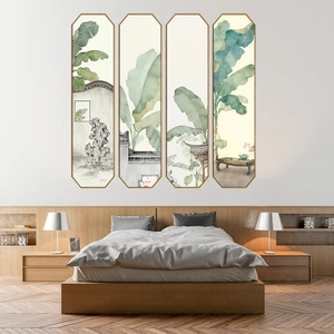 Modern ink style green banana leaf wall art decor set with gold frames for bedroom