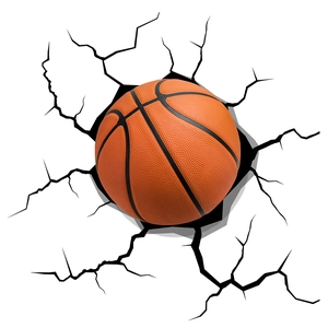3D basketball wall decal showing realistic orange ball breaking through cracked white walls