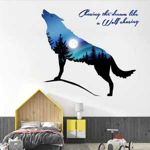 Detail of star wolf forest wall sticker with moon and double exposure art design