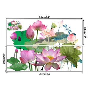 Dettaglio di adesivi murali con fiori di loto rosa, libellula e foglie verdi