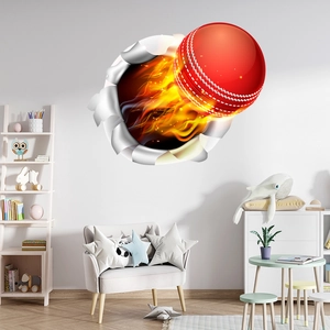Dettaglio macro dell'adesivo murale palla da cricket 3D con effetto fuoco su parete