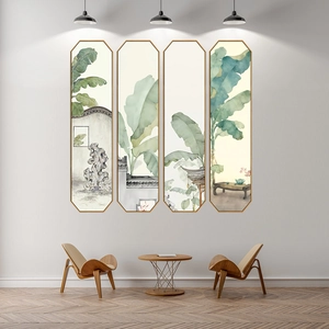 Detail of four-panel Chinese ink style green banana leaf wall art in modern living room