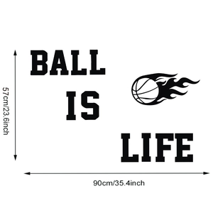 Detailed dimension guide for Ball is Life vinyl wall sticker showing 57x90cm size