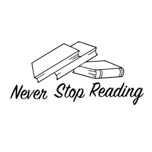 Minimalist vinyl wall decal with Never Stop Reading quote and linear book illustration