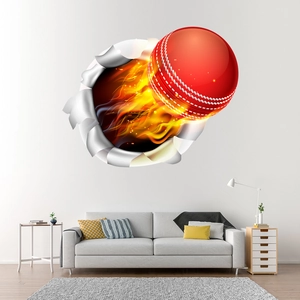 Adesivo murale 3D con palla da cricket infuocata ed effetto creativo di muro rotto