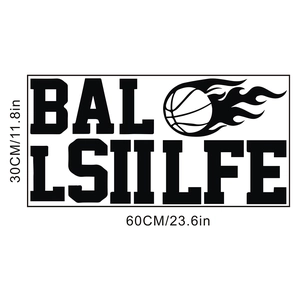 Detailed size chart for Ball is Life basketball wall sticker measuring 30x60cm for decor