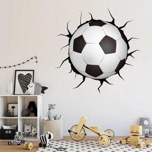 3D football wall decal showing a dynamic ball hitting the wall with realistic crack effects