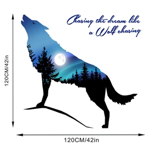 Detailed view of wolf silhouette wall sticker with starry forest design and 120cm dimensions